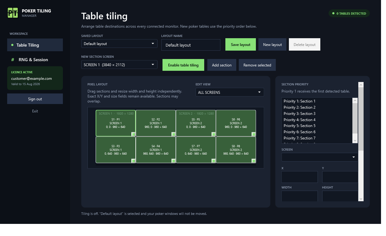Poker Tiling Manager Windows layout editor showing eight custom table destinations across two equal screens