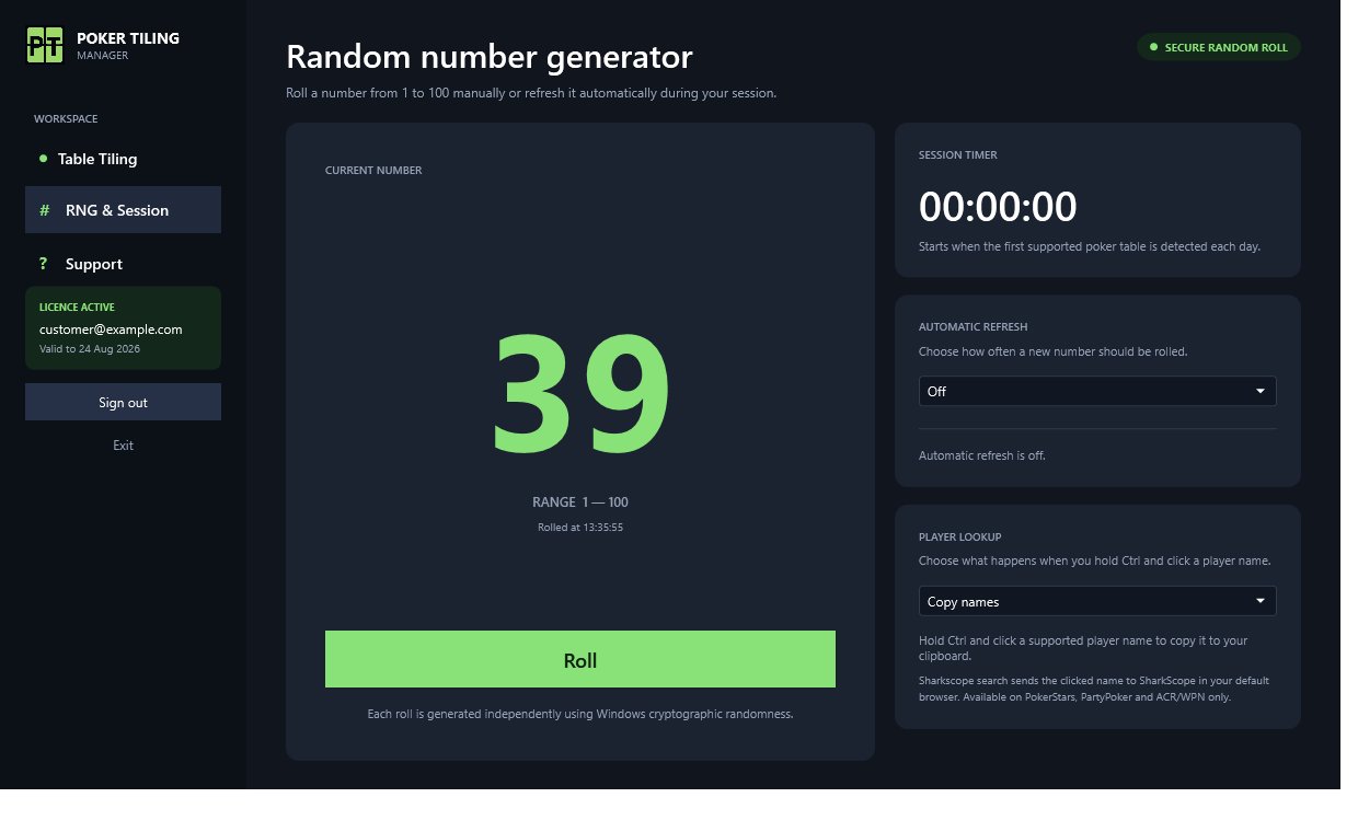Poker Tiling Manager RNG and Session page showing a 1 to 100 roll, automatic refresh, session timer and player lookup mode